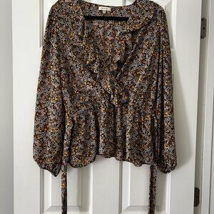 Max Studio Floral Wrap Blouse in Black with Mustard and Cream